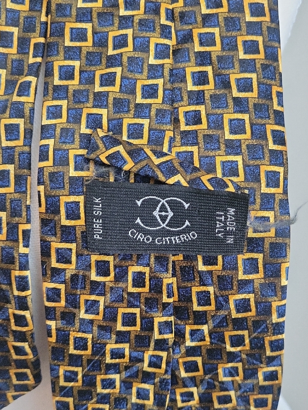 Vintage Ciro Citterio Italian Silk Tie Navy and Gold Square-Pattern